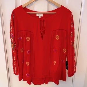 Red embroidered boho blouse, SMALL